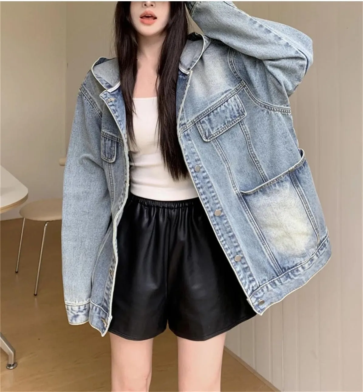 Women's Hooded Big Pockets Short Denim Jacket Vintage Single Breasted Solid Jean Coat