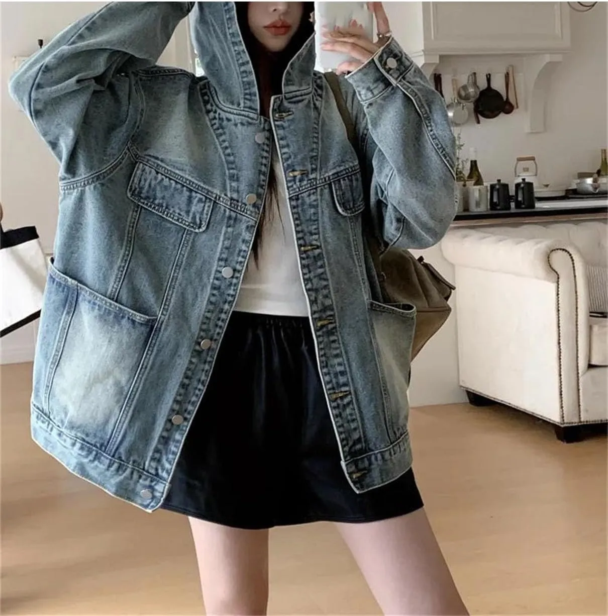 Women's Hooded Big Pockets Short Denim Jacket Vintage Single Breasted Solid Jean Coat