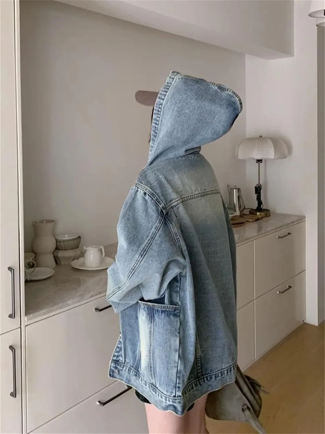 Women's Hooded Big Pockets Short Denim Jacket Vintage Single Breasted Solid Jean Coat