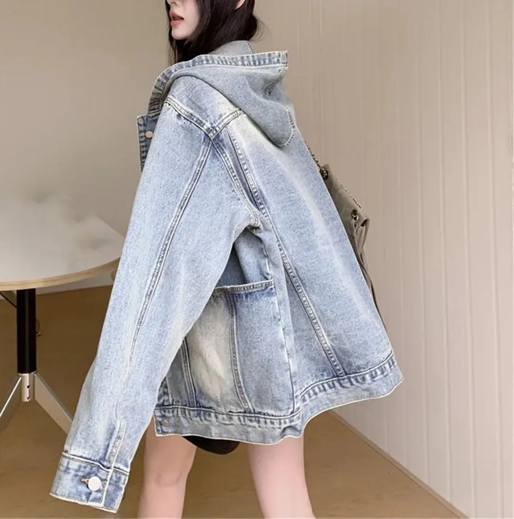 Women's Hooded Big Pockets Short Denim Jacket Vintage Single Breasted Solid Jean Coat