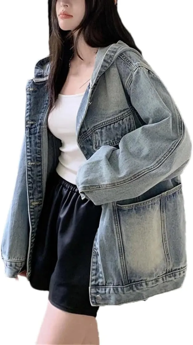 Women's Hooded Big Pockets Short Denim Jacket Vintage Single Breasted Solid Jean Coat
