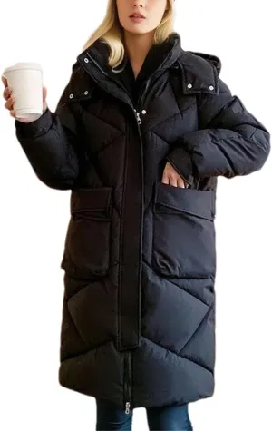Women's Hooded Long Parkas Coats Pocket Vintage Thicken Warm Cotton-Padded Jacket