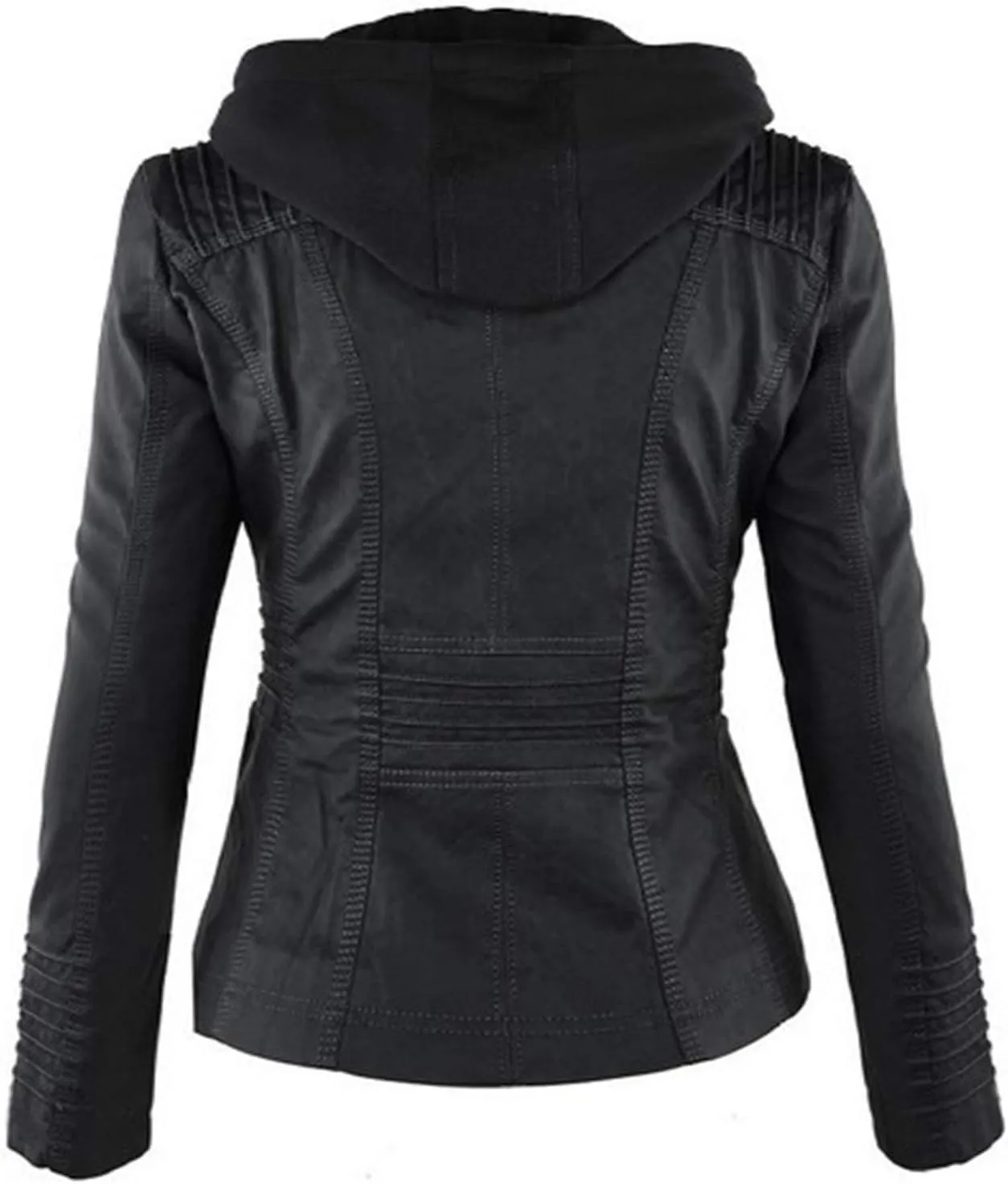 Womens Jacket Coat Faux Leather Hooded Outerwear Stand Collar Zipper Hood Detachable Motorcycle Jacket