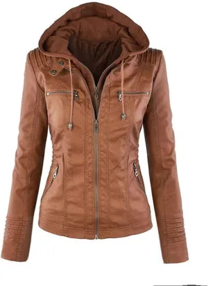 Womens Jacket Coat Faux Leather Hooded Outerwear Stand Collar Zipper Hood Detachable Motorcycle Jacket