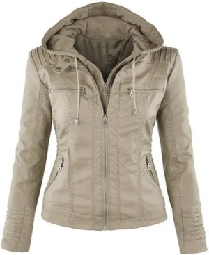 Womens Jacket Coat Faux Leather Hooded Outerwear Stand Collar Zipper Hood Detachable Motorcycle Jacket