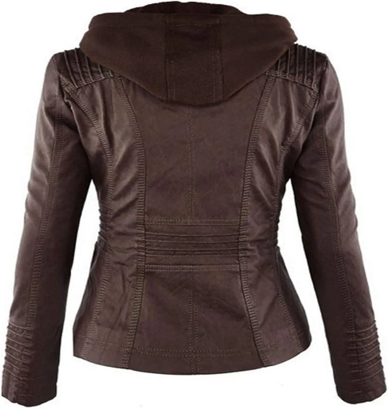 Womens Jacket Coat Faux Leather Hooded Outerwear Stand Collar Zipper Hood Detachable Motorcycle Jacket
