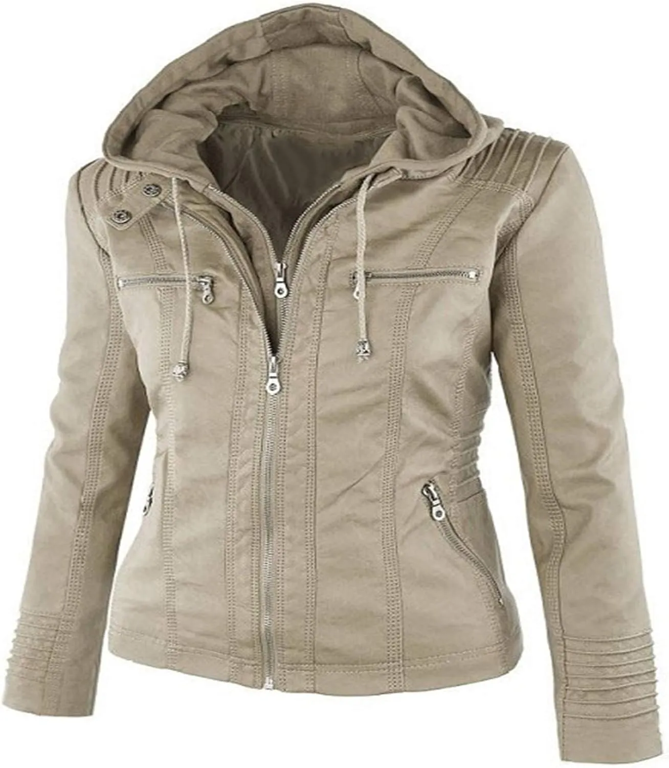 Womens Jacket Coat Faux Leather Hooded Outerwear Stand Collar Zipper Hood Detachable Motorcycle Jacket