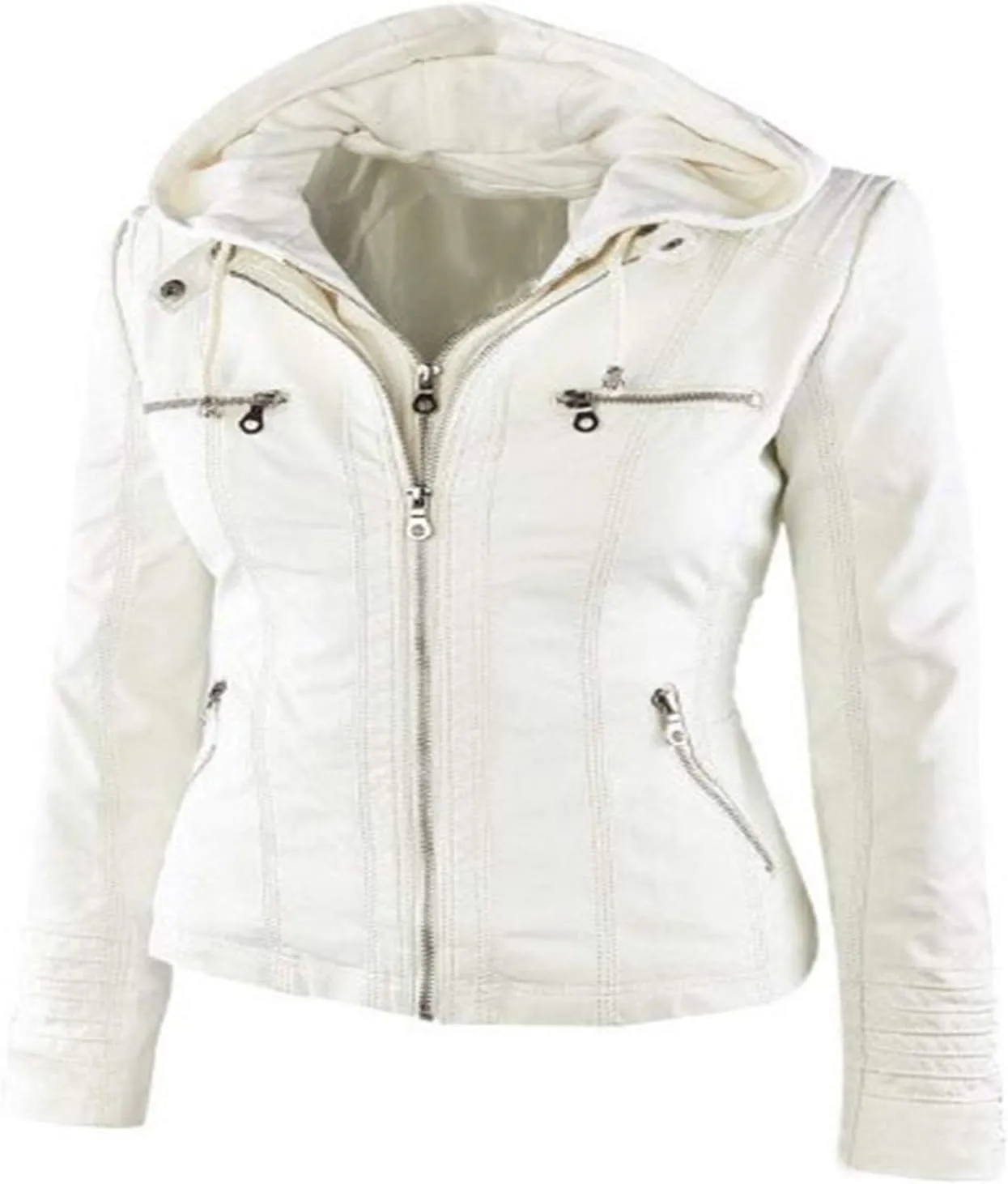 Womens Jacket Coat Faux Leather Hooded Outerwear Stand Collar Zipper Hood Detachable Motorcycle Jacket