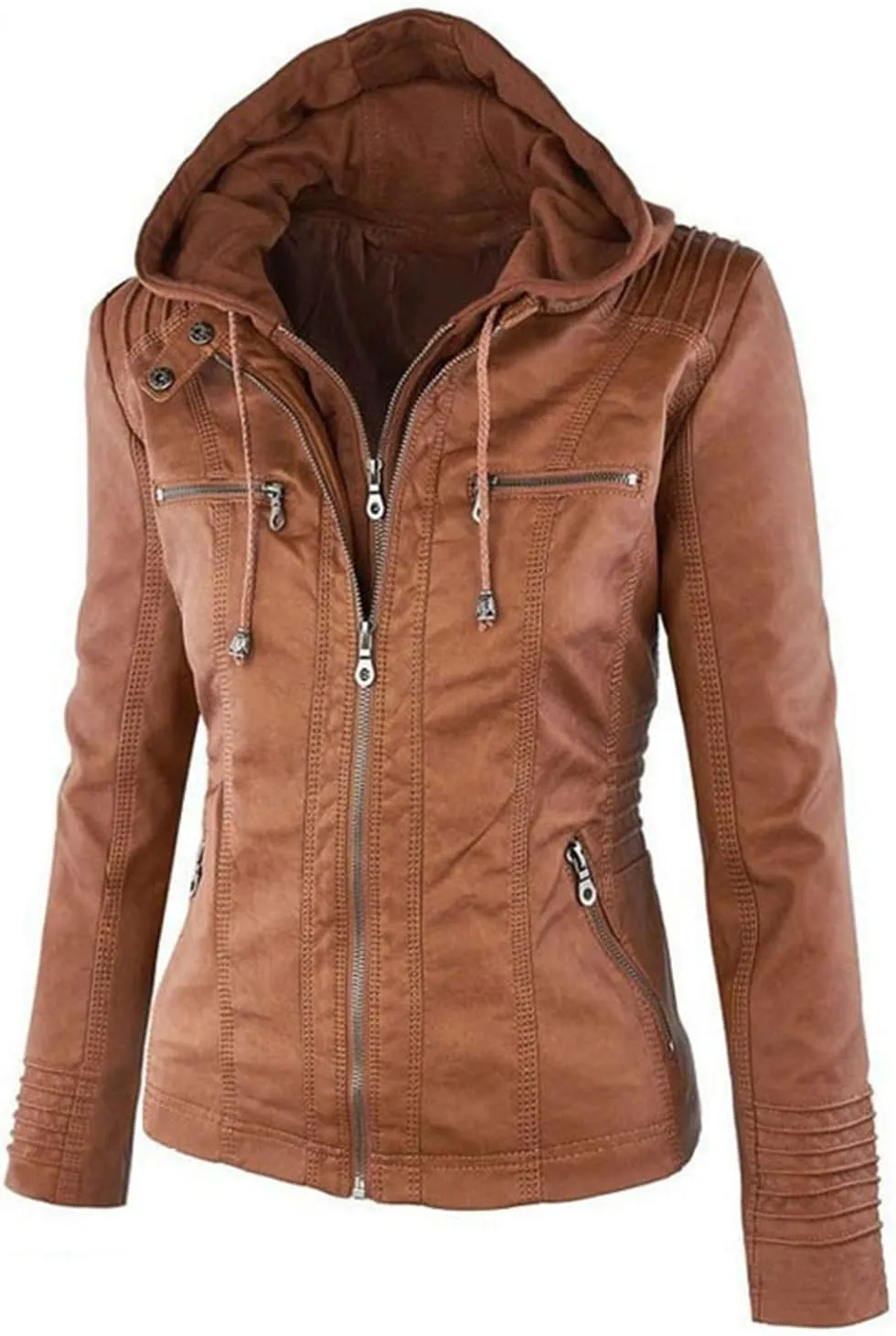 Womens Jacket Coat Faux Leather Hooded Outerwear Stand Collar Zipper Hood Detachable Motorcycle Jacket