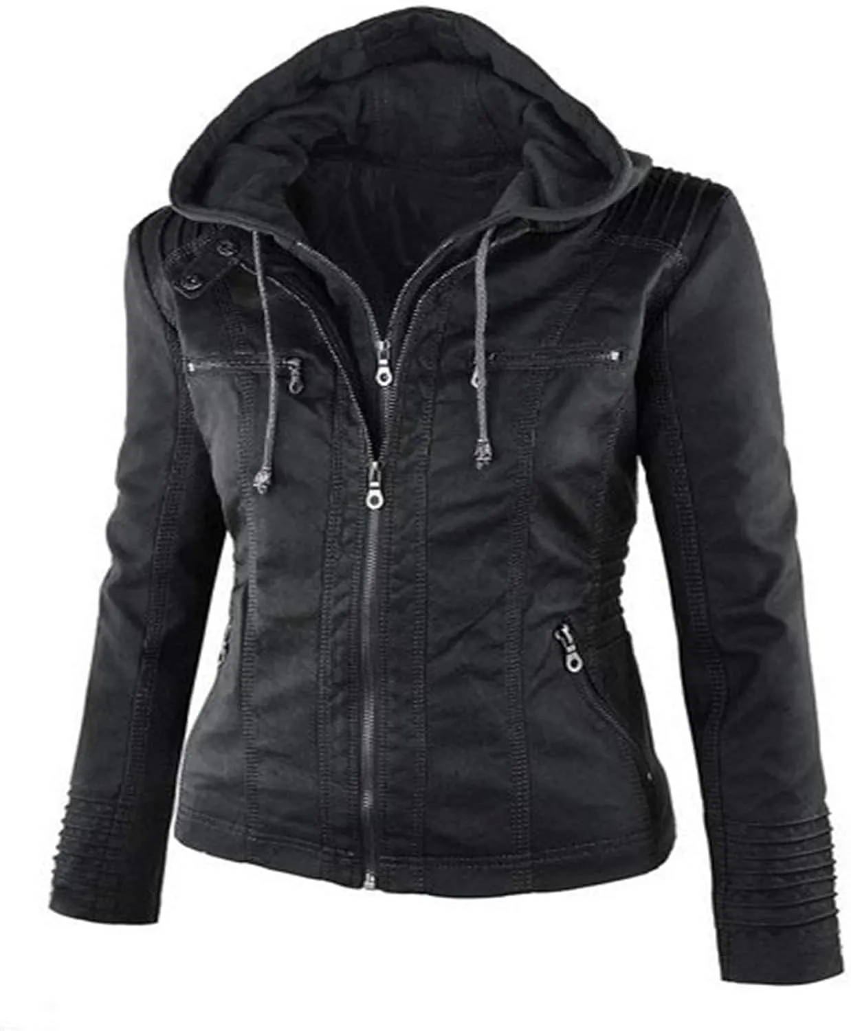 Womens Jacket Coat Faux Leather Hooded Outerwear Stand Collar Zipper Hood Detachable Motorcycle Jacket