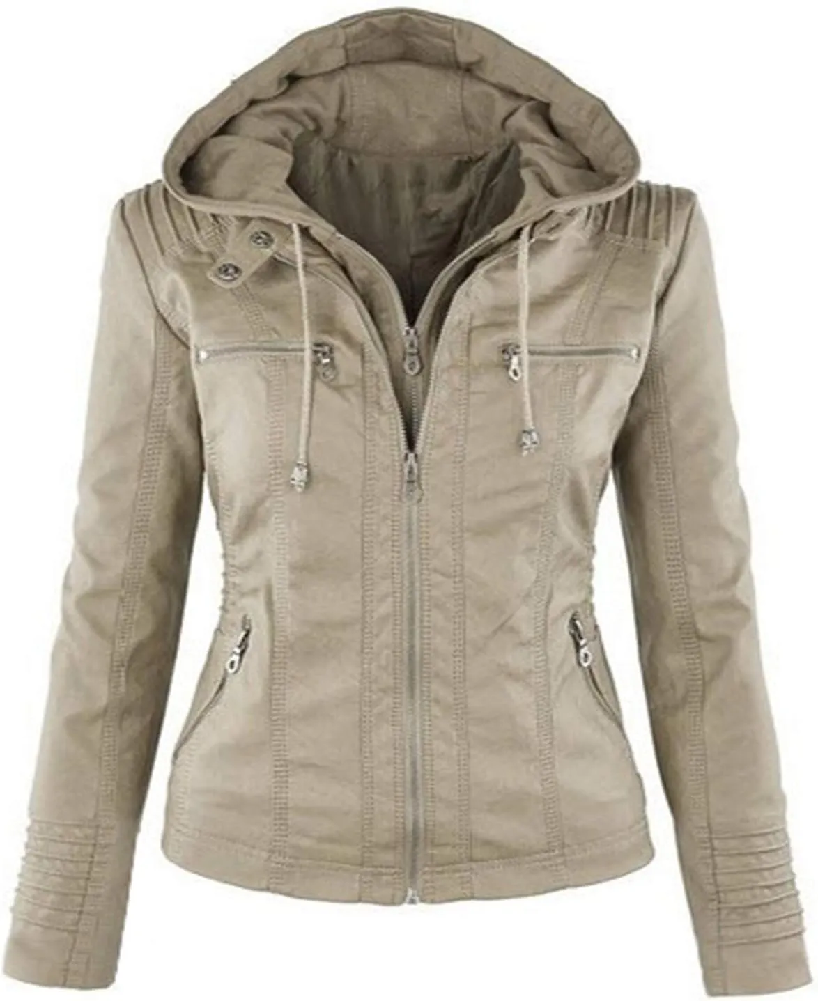 Womens Jacket Coat Faux Leather Hooded Outerwear Stand Collar Zipper Hood Detachable Motorcycle Jacket