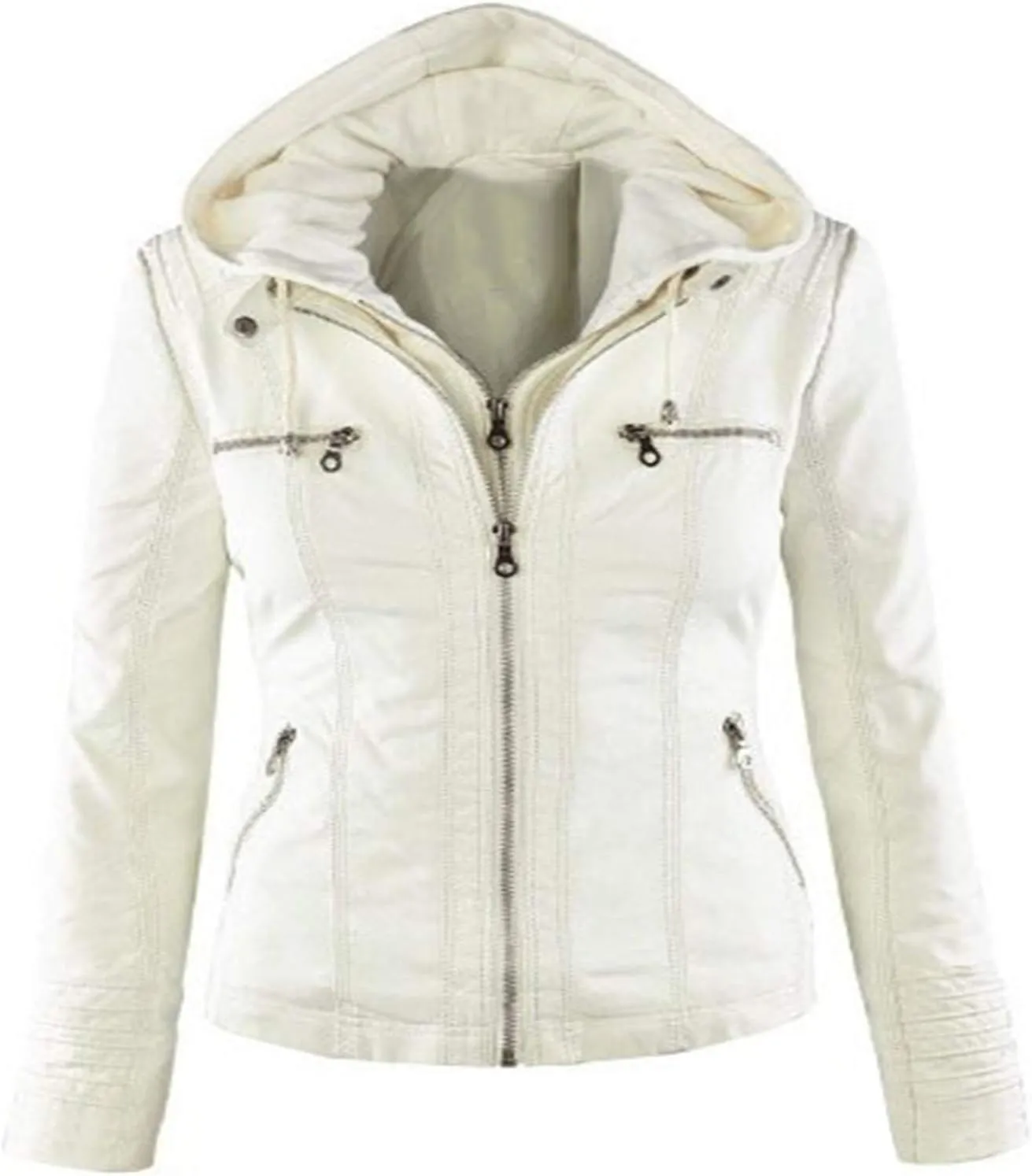 Womens Jacket Coat Faux Leather Hooded Outerwear Stand Collar Zipper Hood Detachable Motorcycle Jacket