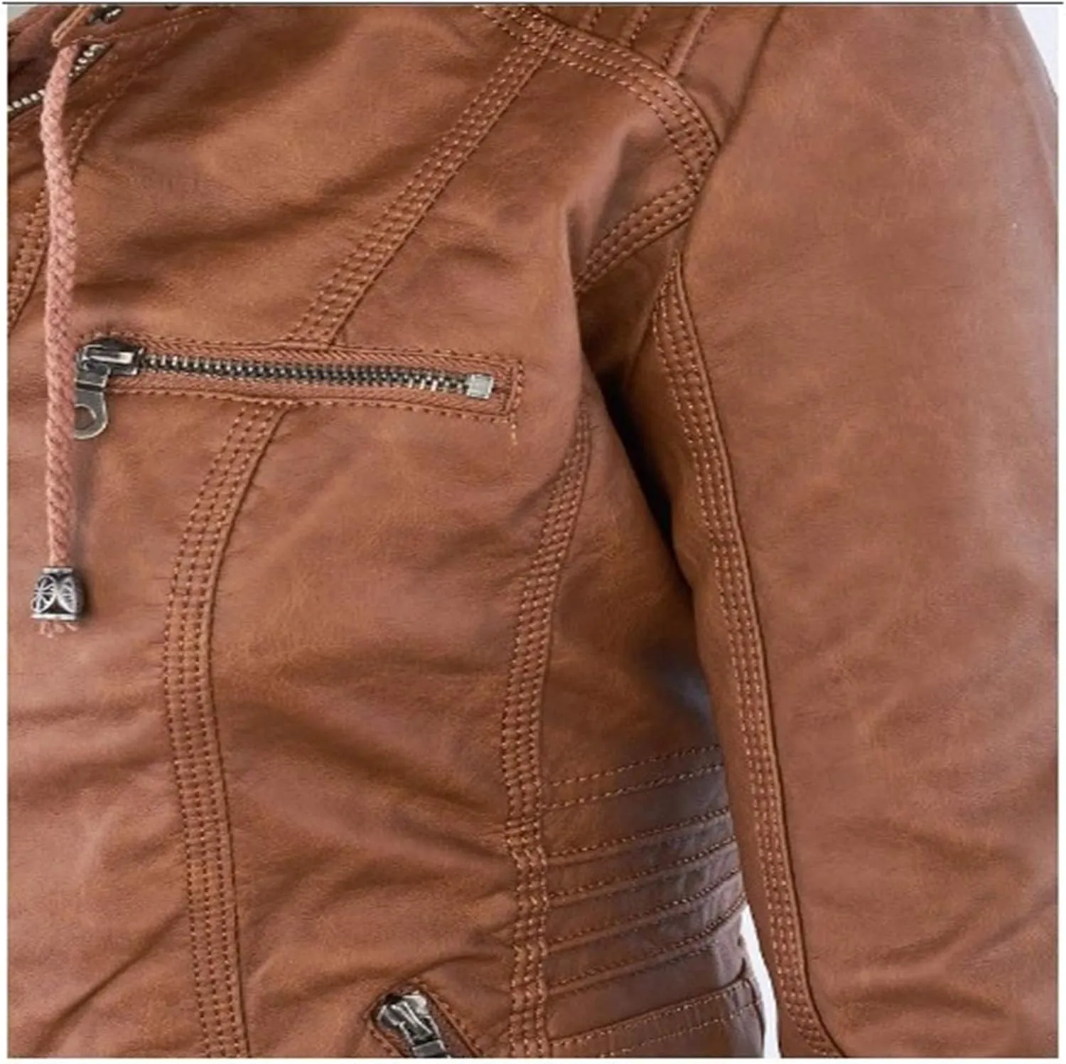 Womens Jacket Coat Faux Leather Hooded Outerwear Stand Collar Zipper Hood Detachable Motorcycle Jacket
