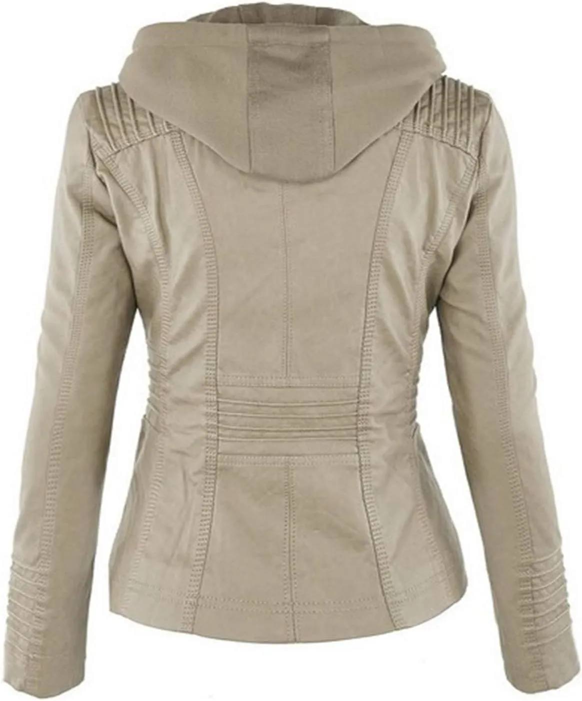 Womens Jacket Coat Faux Leather Hooded Outerwear Stand Collar Zipper Hood Detachable Motorcycle Jacket