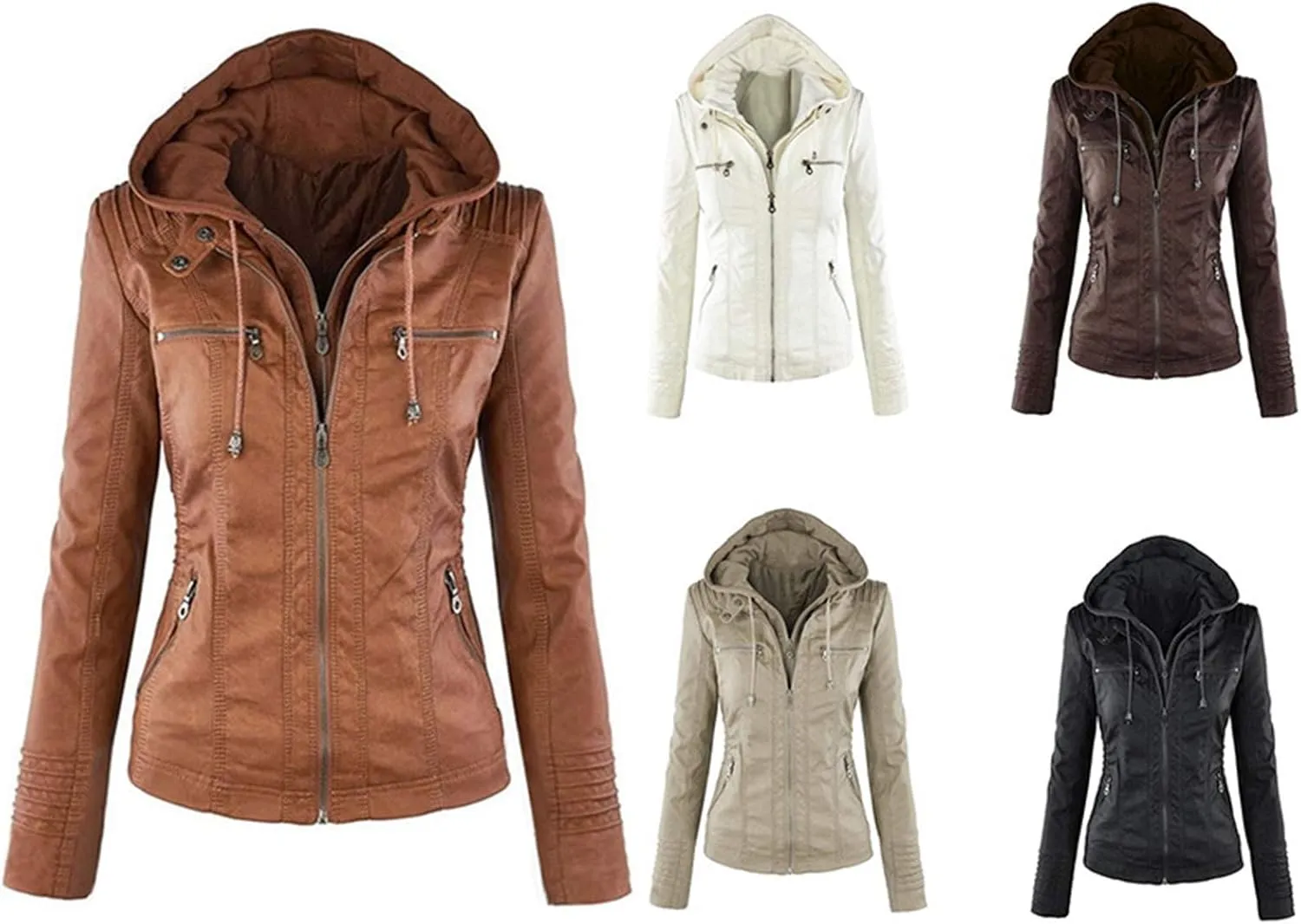 Womens Jacket Coat Faux Leather Hooded Outerwear Stand Collar Zipper Hood Detachable Motorcycle Jacket