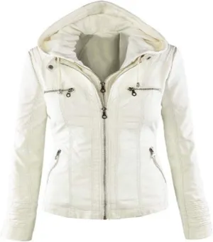 Womens Jacket Coat Faux Leather Hooded Outerwear Stand Collar Zipper Hood Detachable Motorcycle Jacket