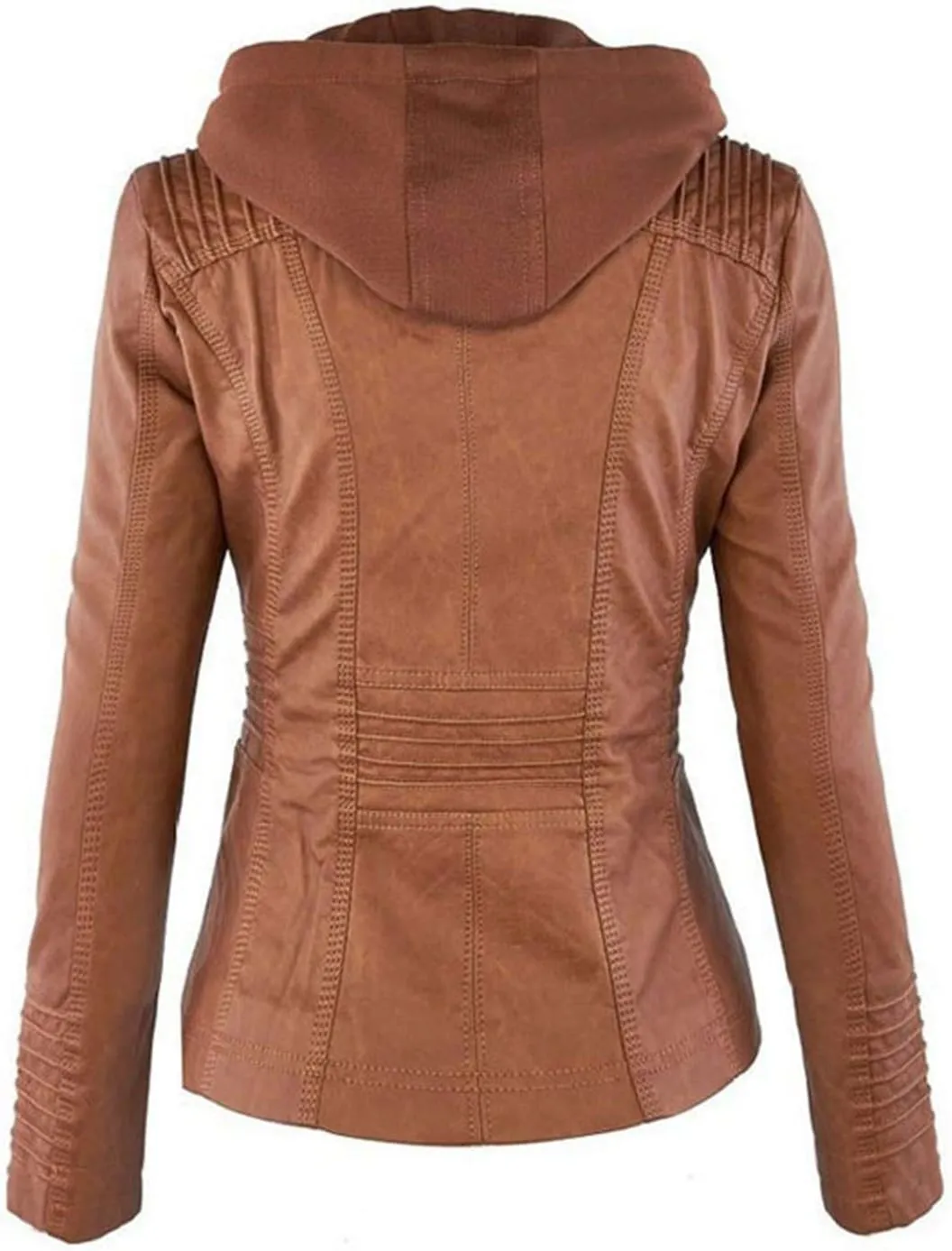 Womens Jacket Coat Faux Leather Hooded Outerwear Stand Collar Zipper Hood Detachable Motorcycle Jacket