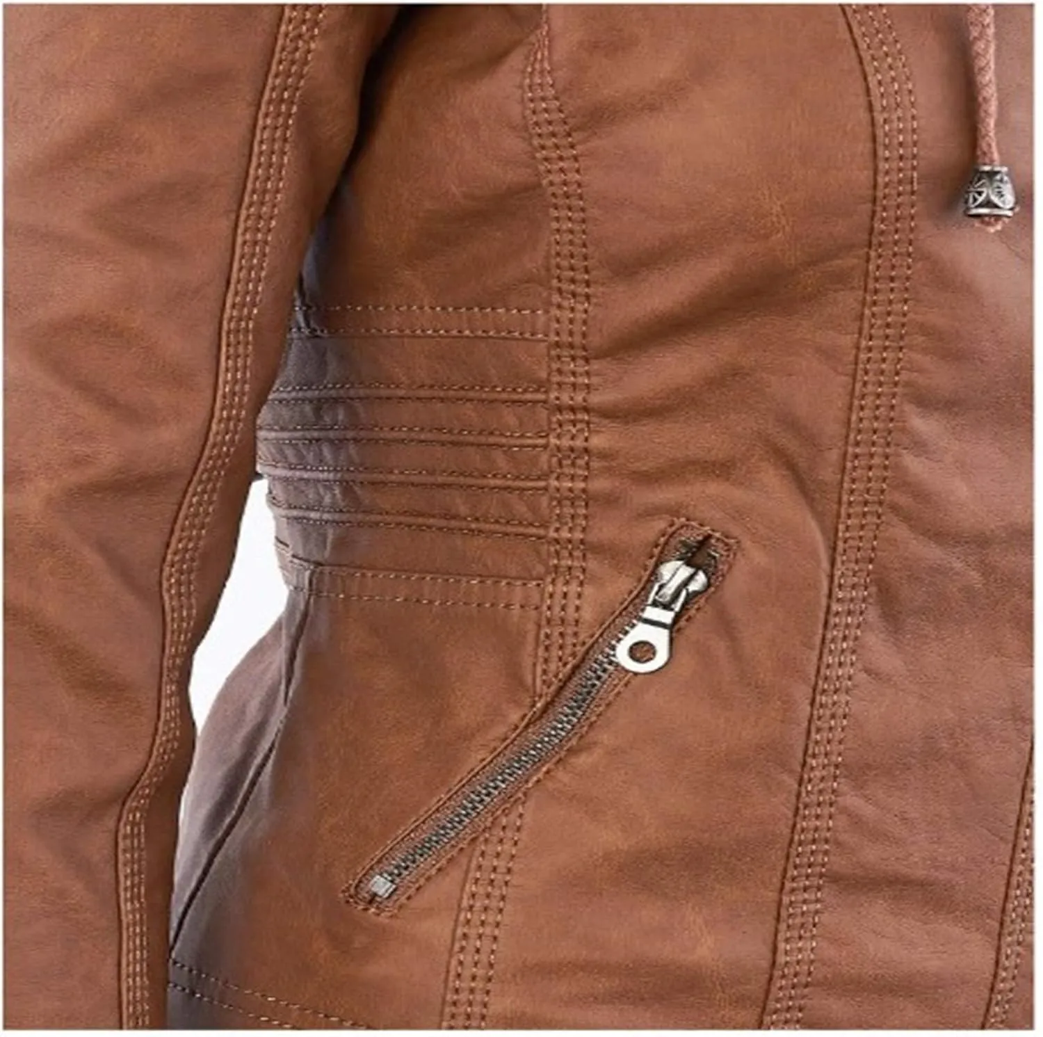 Womens Jacket Coat Faux Leather Hooded Outerwear Stand Collar Zipper Hood Detachable Motorcycle Jacket