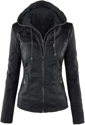 Womens Jacket Coat Faux Leather Hooded Outerwear Stand Collar Zipper Hood Detachable Motorcycle Jacket