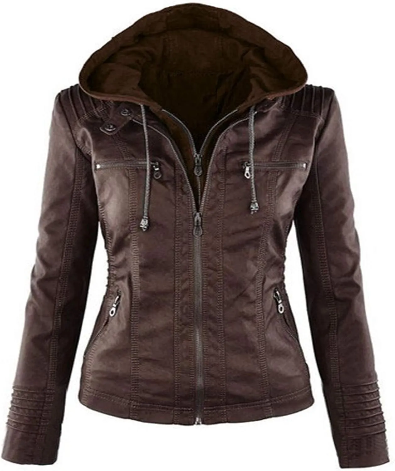 Womens Jacket Coat Faux Leather Hooded Outerwear Stand Collar Zipper Hood Detachable Motorcycle Jacket