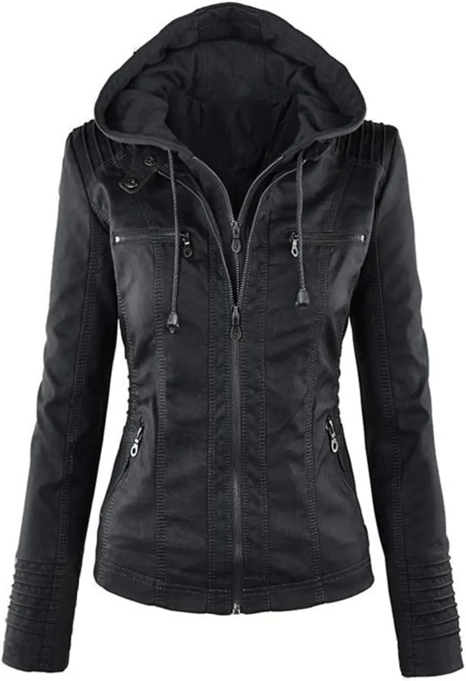 Womens Jacket Coat Faux Leather Hooded Outerwear Stand Collar Zipper Hood Detachable Motorcycle Jacket