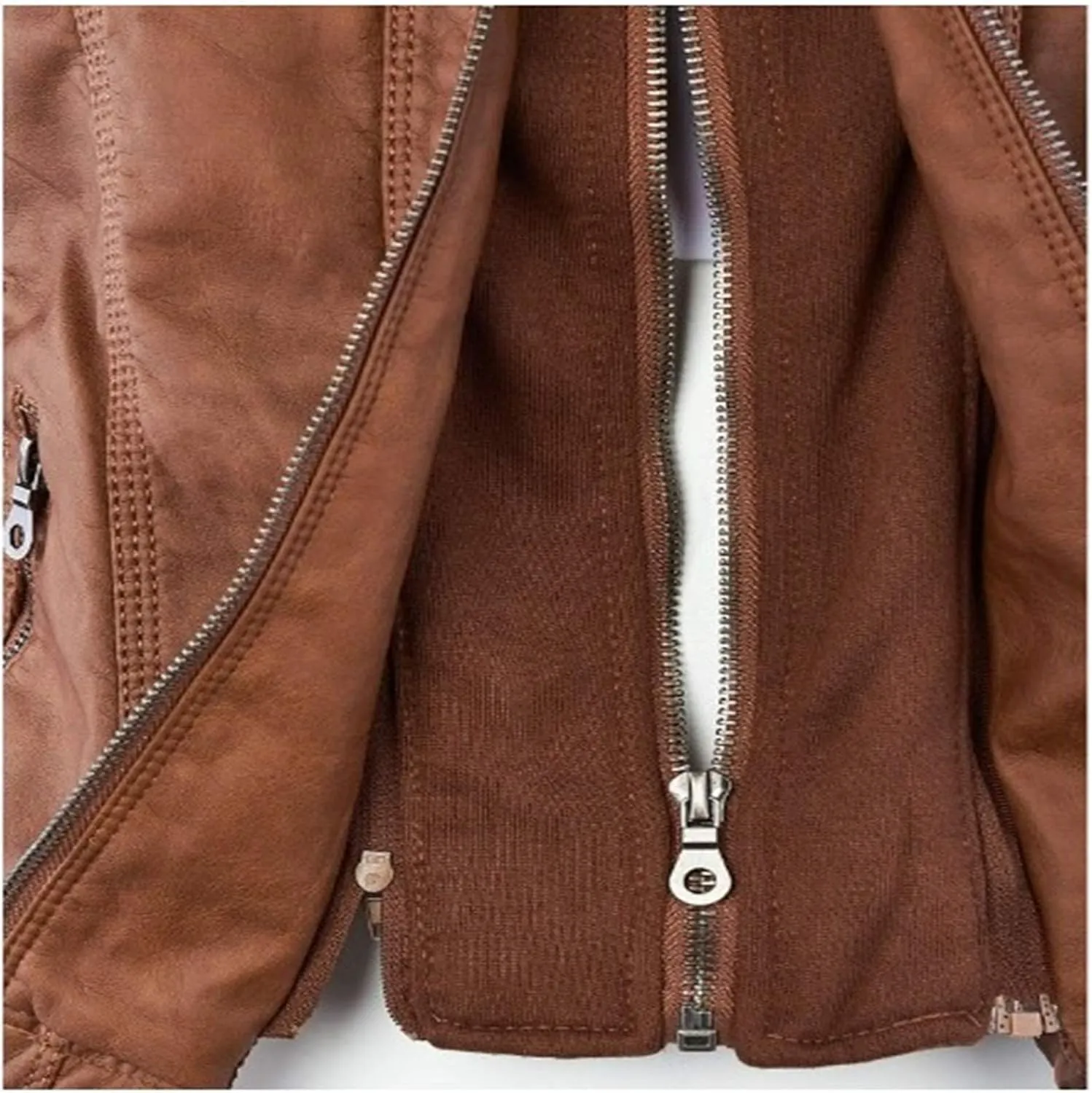 Womens Jacket Coat Faux Leather Hooded Outerwear Stand Collar Zipper Hood Detachable Motorcycle Jacket