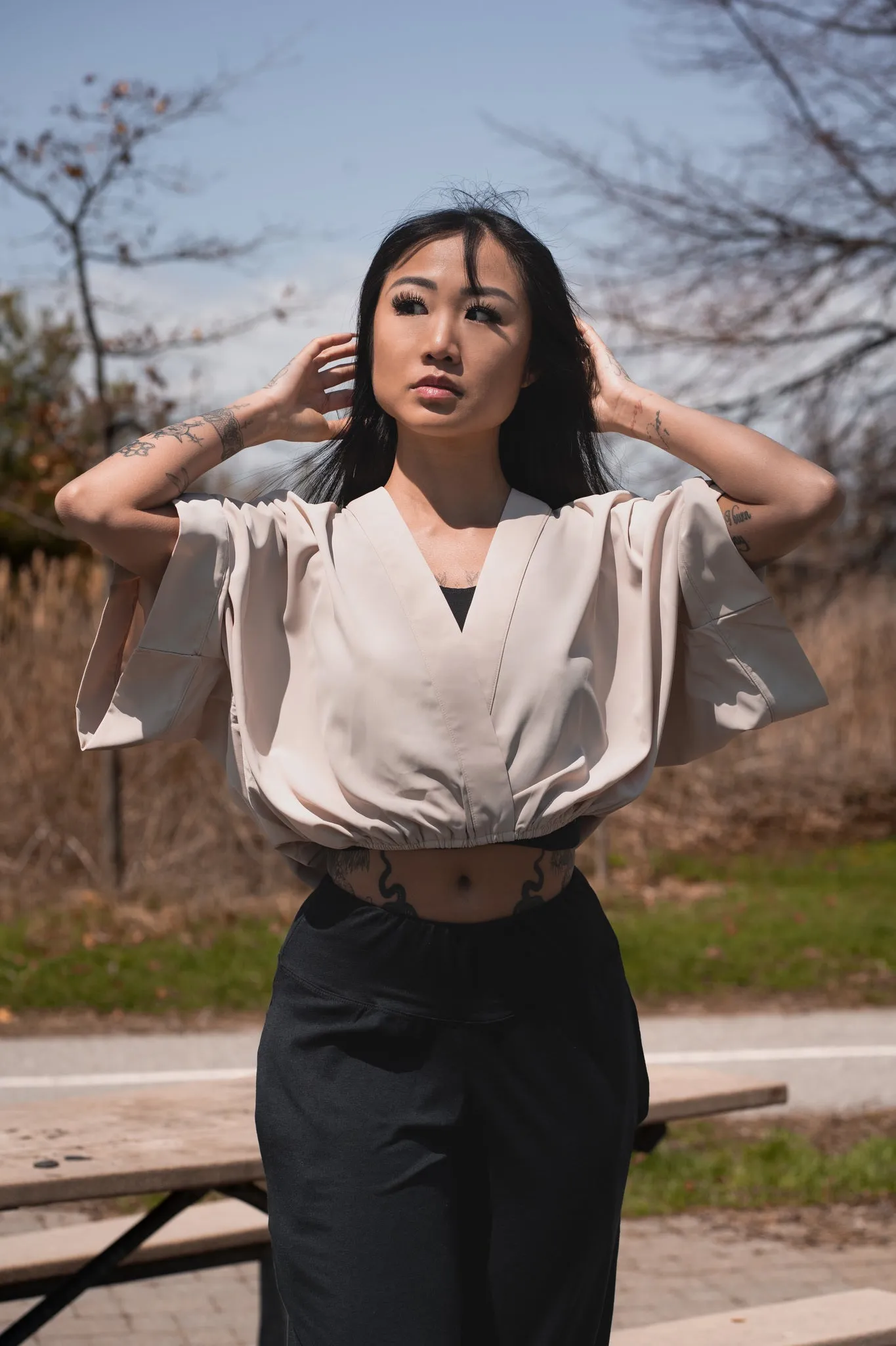 Women's Kimono Crop Top in Beige