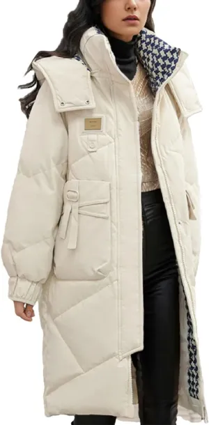 Women's Lace-Up Pocket Long Parkas Coats Vintage Hooded Detachable Hat Cotton-Padded Jacket