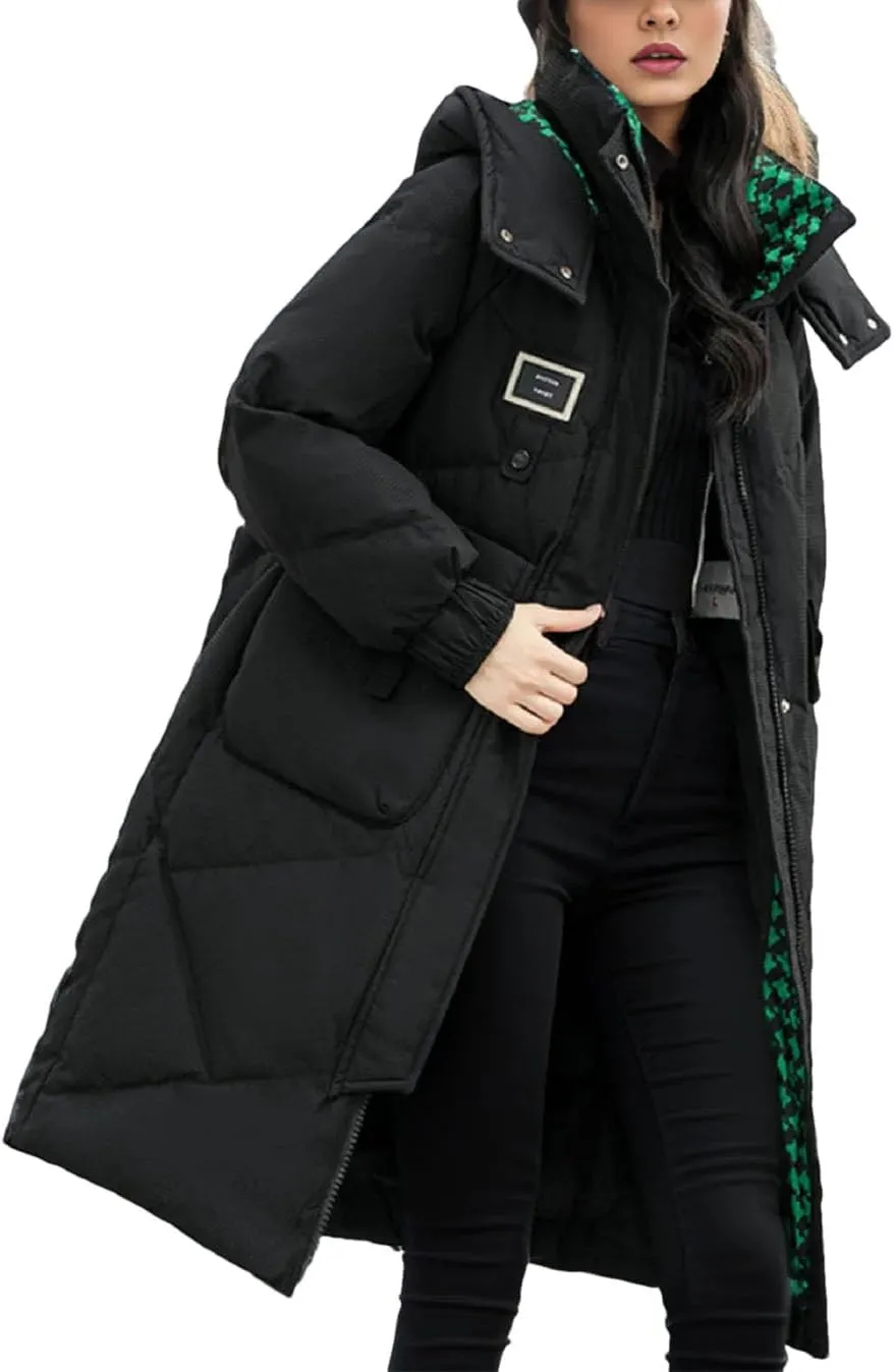 Women's Lace-Up Pocket Long Parkas Coats Vintage Hooded Detachable Hat Cotton-Padded Jacket