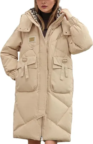 Women's Lace-Up Pocket Long Parkas Coats Vintage Hooded Detachable Hat Cotton-Padded Jacket