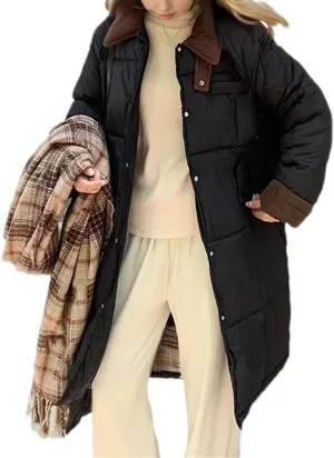 Women's Lapel Contrast Long Parkas Coats Casual Vintage Zipper Cotton-Padded Jacket