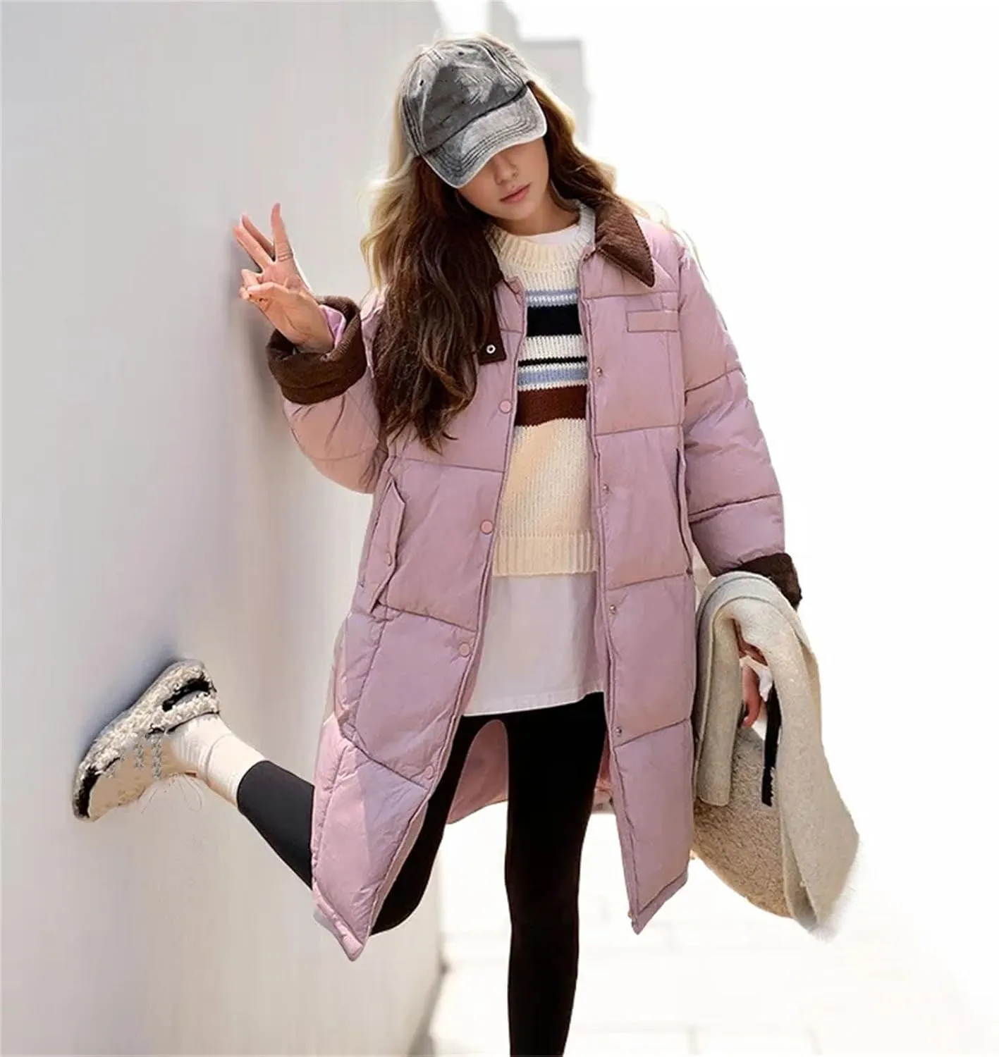Women's Lapel Contrast Long Parkas Coats Casual Vintage Zipper Cotton-Padded Jacket