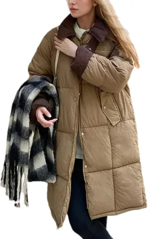 Women's Lapel Contrast Long Parkas Coats Casual Vintage Zipper Cotton-Padded Jacket
