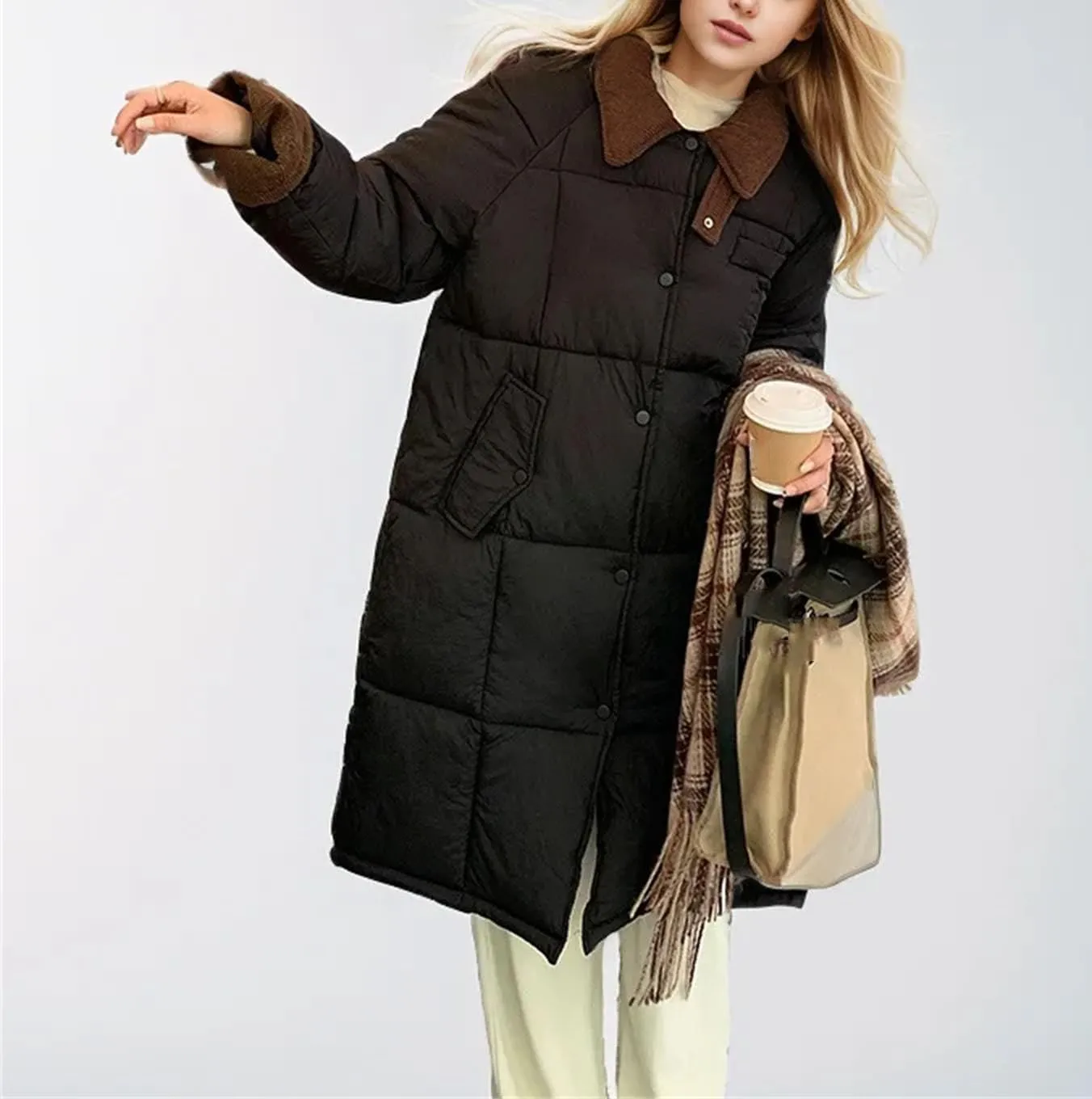 Women's Lapel Contrast Long Parkas Coats Casual Vintage Zipper Cotton-Padded Jacket
