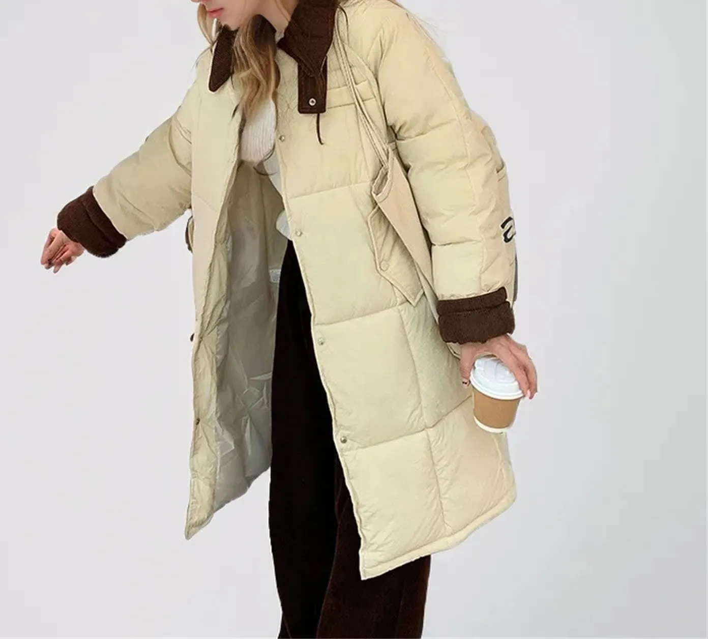 Women's Lapel Contrast Long Parkas Coats Casual Vintage Zipper Cotton-Padded Jacket