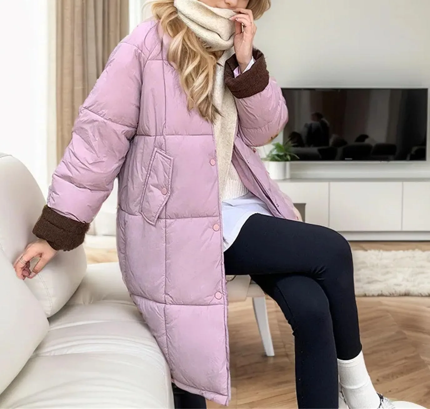Women's Lapel Contrast Long Parkas Coats Casual Vintage Zipper Cotton-Padded Jacket
