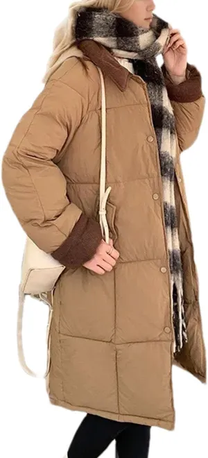 Women's Lapel Contrast Long Parkas Coats Casual Vintage Zipper Cotton-Padded Jacket