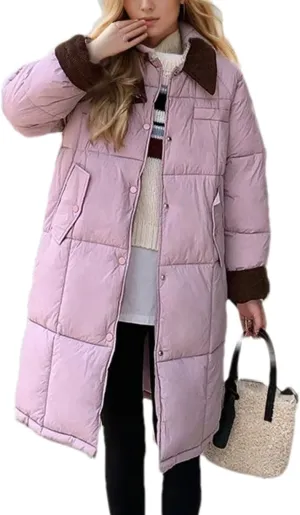 Women's Lapel Contrast Long Parkas Coats Casual Vintage Zipper Cotton-Padded Jacket