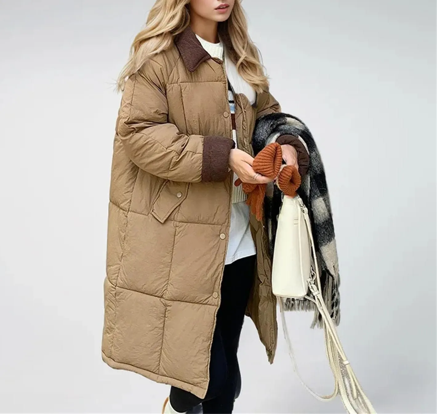 Women's Lapel Contrast Long Parkas Coats Casual Vintage Zipper Cotton-Padded Jacket