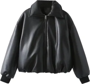 Women's Lapel Faux Leather Cotton-Padded Jacket Elegant Long Sleeve Zipper Solid Coat
