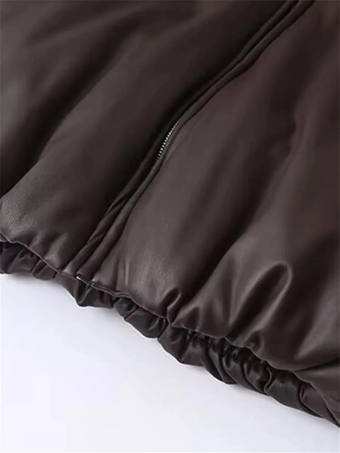Women's Lapel Faux Leather Cotton-Padded Jacket Elegant Long Sleeve Zipper Solid Coat