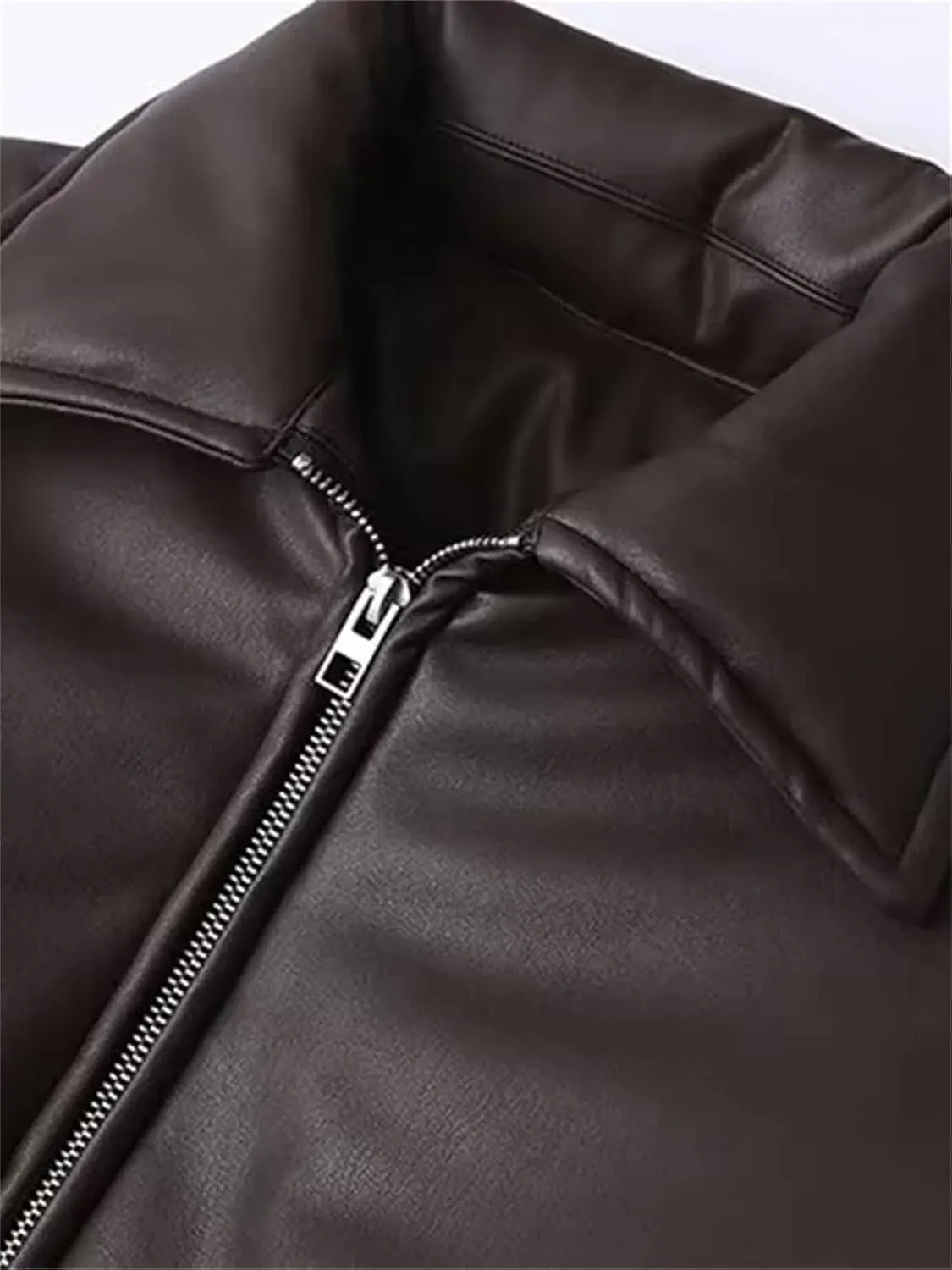 Women's Lapel Faux Leather Cotton-Padded Jacket Elegant Long Sleeve Zipper Solid Coat