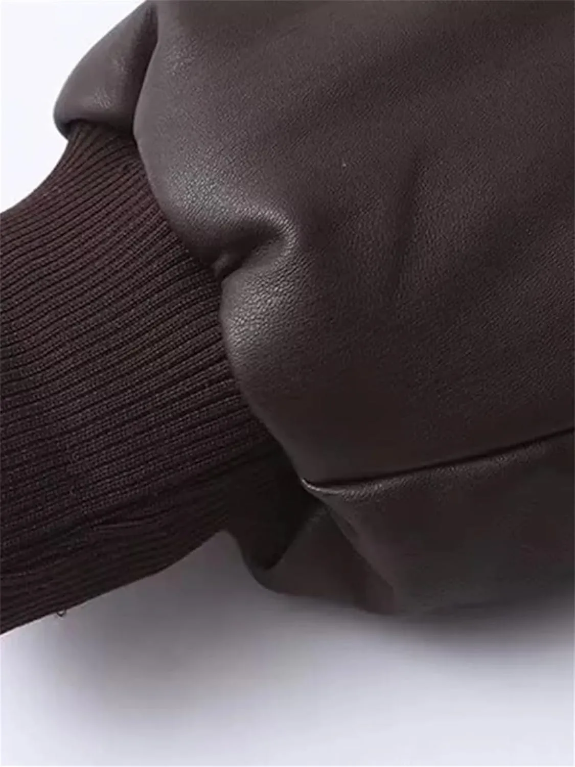 Women's Lapel Faux Leather Cotton-Padded Jacket Elegant Long Sleeve Zipper Solid Coat