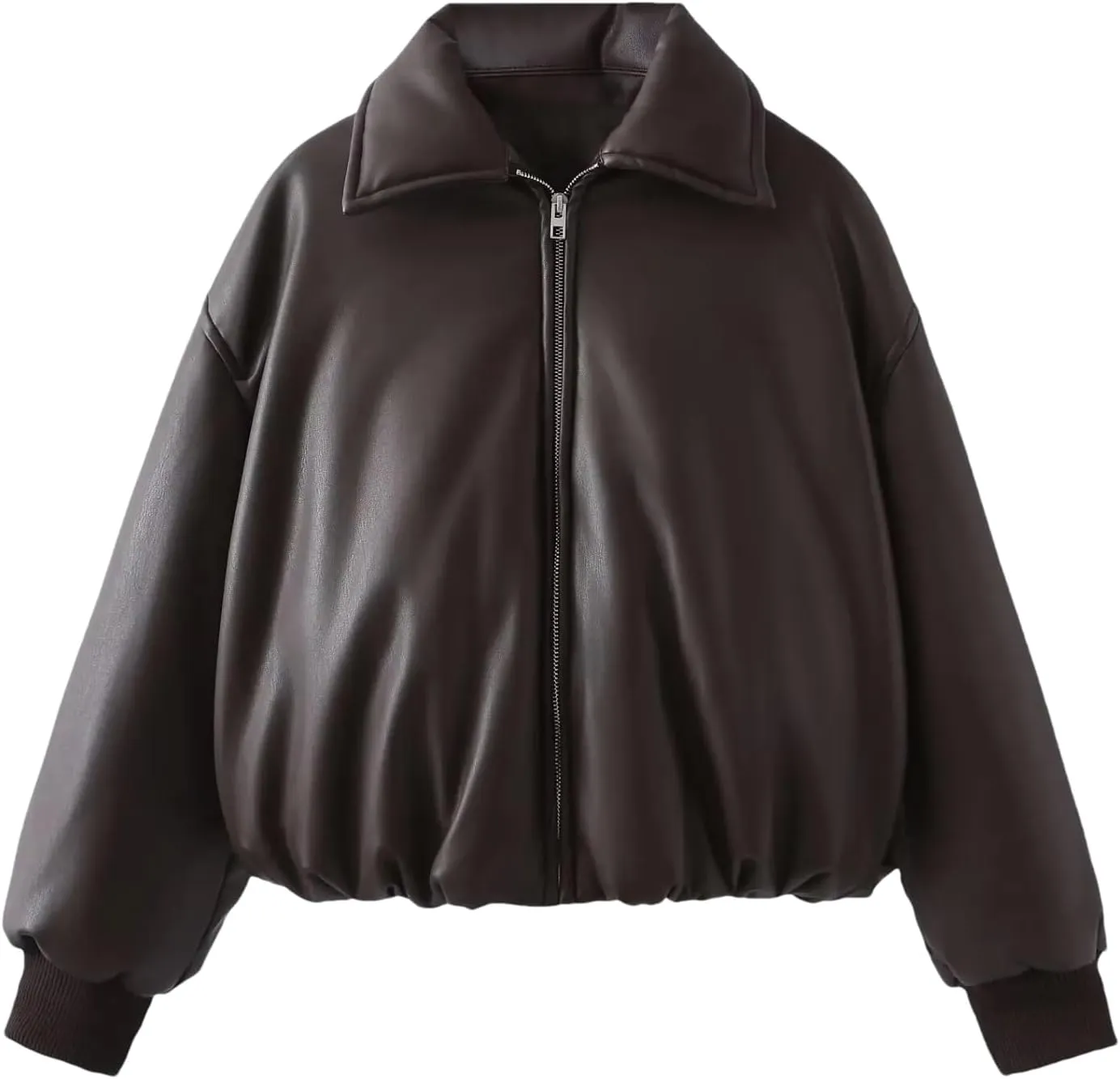 Women's Lapel Faux Leather Cotton-Padded Jacket Elegant Long Sleeve Zipper Solid Coat