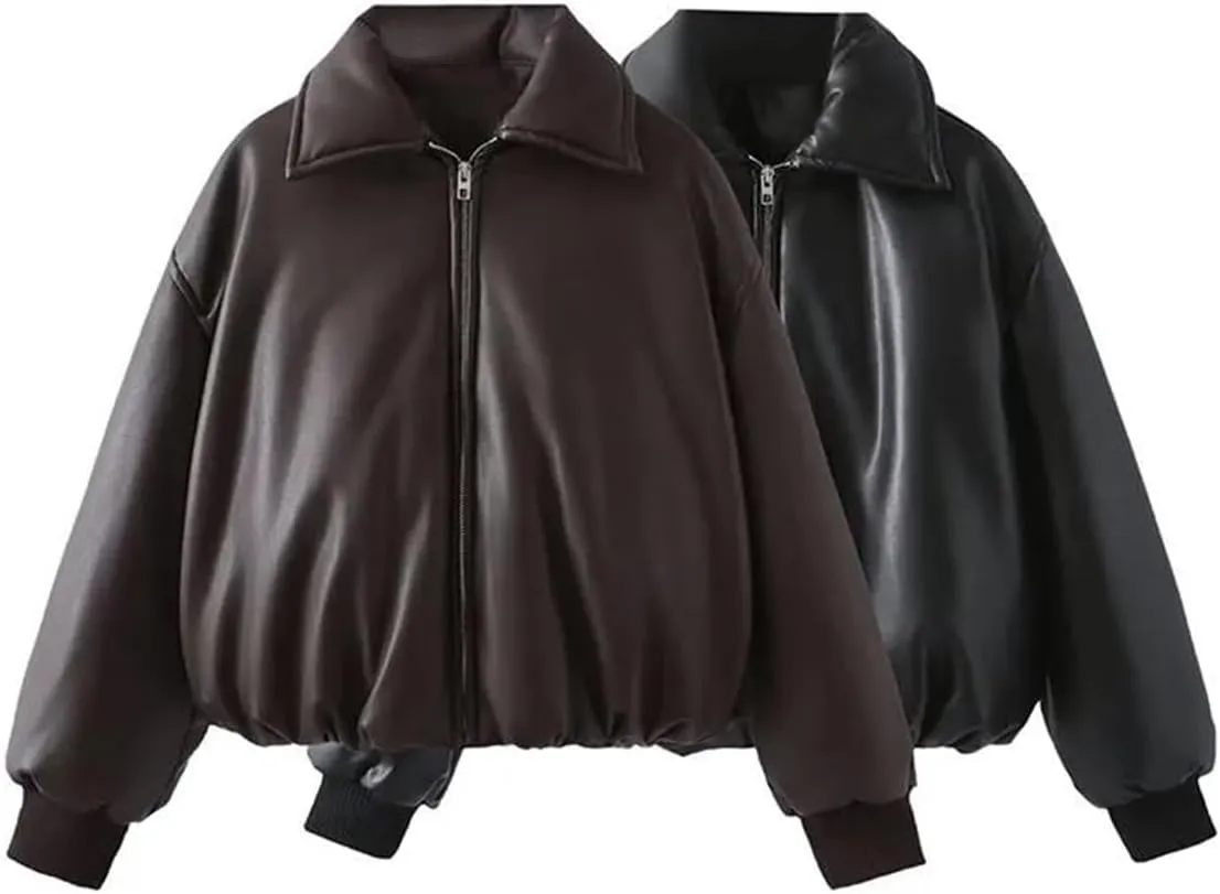 Women's Lapel Faux Leather Cotton-Padded Jacket Elegant Long Sleeve Zipper Solid Coat