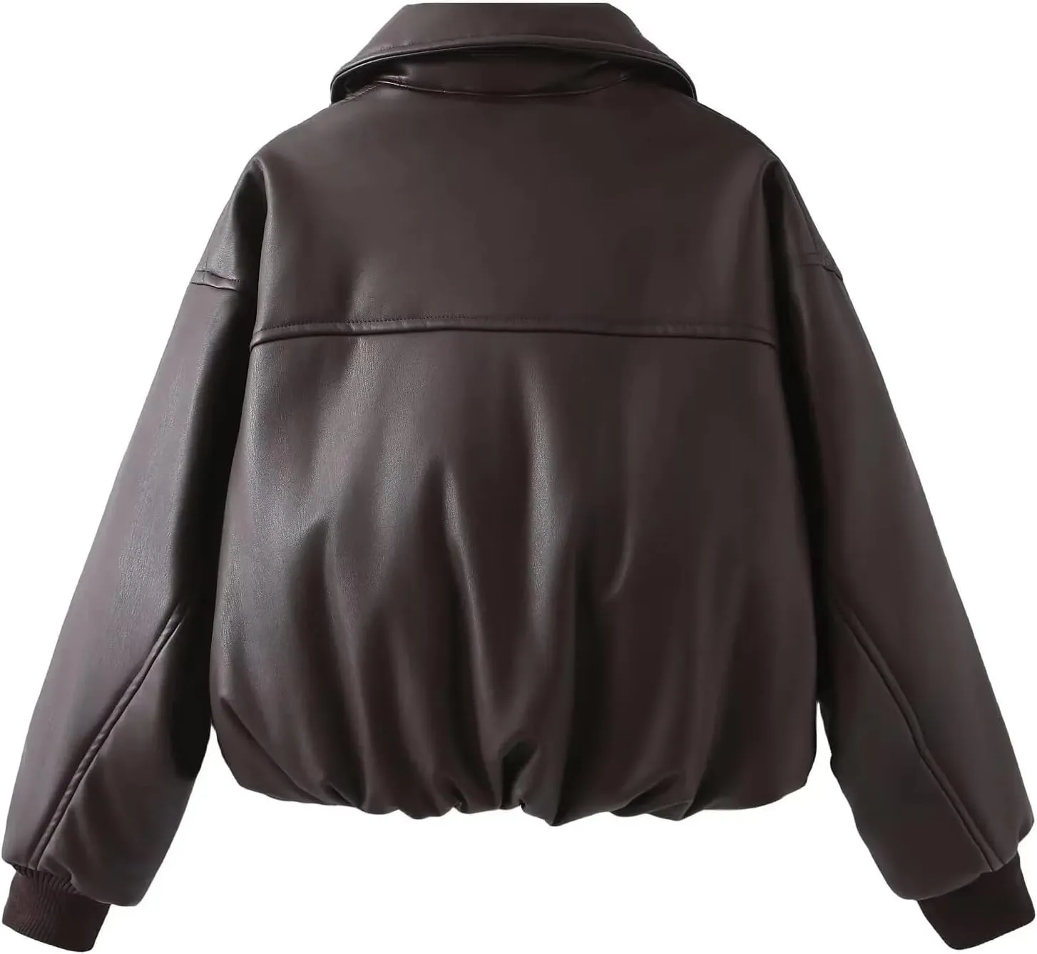 Women's Lapel Faux Leather Cotton-Padded Jacket Elegant Long Sleeve Zipper Solid Coat