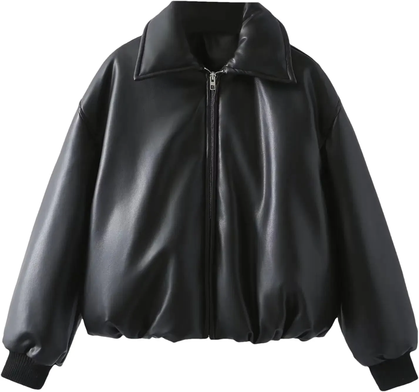 Women's Lapel Faux Leather Cotton-Padded Jacket Elegant Long Sleeve Zipper Solid Coat