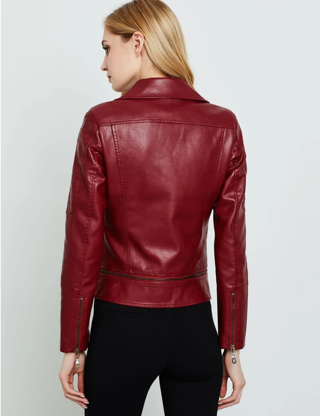 Women's Lapel Faux Leather Short Slim-Fit Outerwear Moto Jacket Zip Up Biker Coat