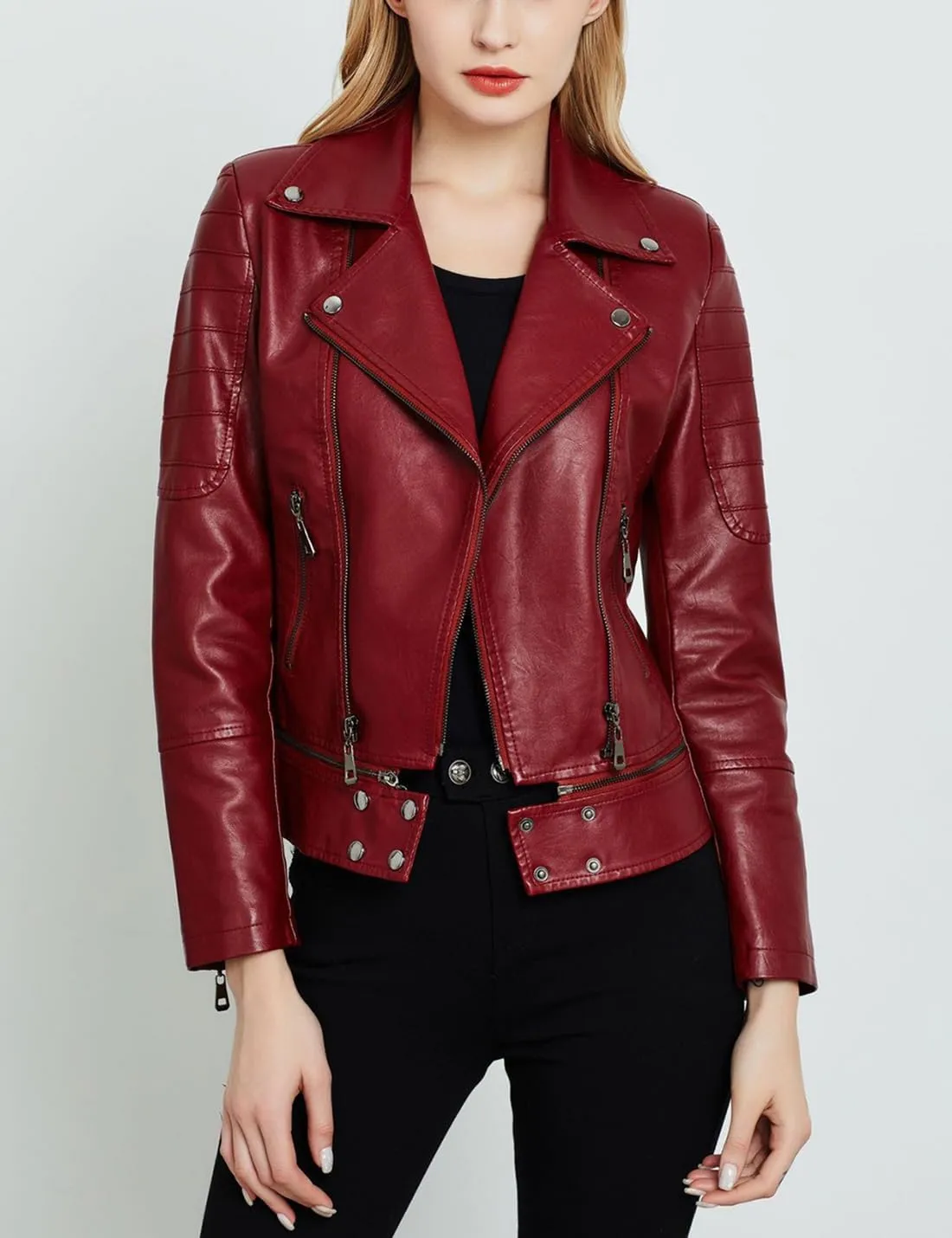 Women's Lapel Faux Leather Short Slim-Fit Outerwear Moto Jacket Zip Up Biker Coat