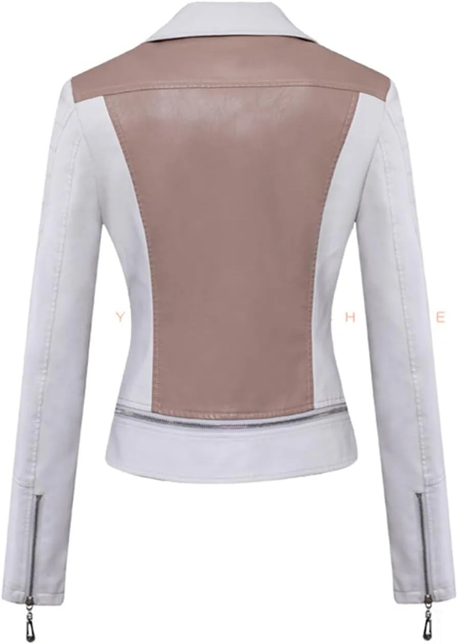 Women's Lapel Faux Leather Short Slim-Fit Outerwear Moto Jacket Zip Up Biker Coat